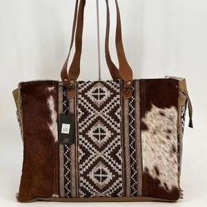Myra Bag Elisa Weekender Bag Womens Large Brown Cowhide Canvas S-6202 Boho New